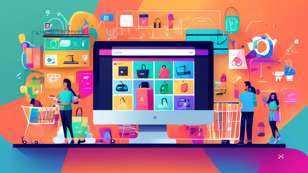 Create an image that showcases a vibrant, well-designed online store on a computer screen, with elements like a shopping cart and colorful product images. Surrounding the screen, include icons symbolizing key Shopify development tips such as responsive design, SEO, user experience, customization options, and security. In the background, have a team of diverse developers and designers collaborating, with some working on laptops and others brainstorming with sticky notes on the wall.