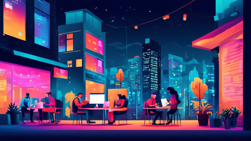 Illustration of a modern cityscape at night with various web design agency offices illuminated. Each office showcases vibrant digital screens with user-friendly website mockups, appealing to businesses and individuals. A person on a laptop sits at an outdoor café, searching for 'Best Web Design Services Near Me' while a friendly AI assistant appears on their screen, suggesting top-rated local web design services. The scene is bustling with tech-savvy professionals, creative designers, and innovative digital art.