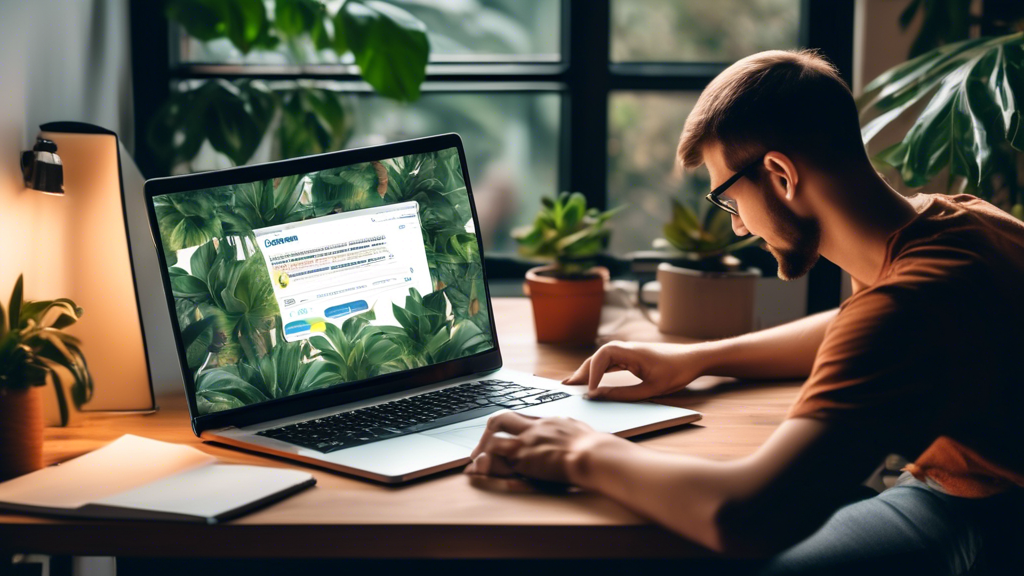 Create an image illustrating a person using a laptop with a search engine open, typing Best Web Development Near Me. The background shows a comfortable home office setting with modern decor, including houseplants and motivational posters. The search results on the screen highlight various web development companies and services with creative and professional-looking logos. The overall atmosphere is one of productivity and focus.