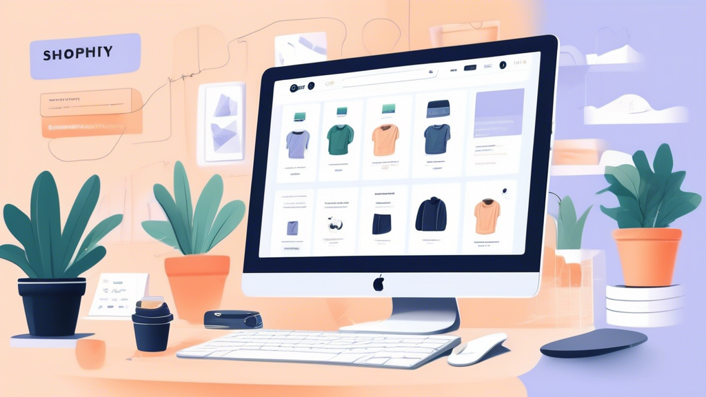 An illustrated step-by-step guide on building a Shopify website from scratch, featuring a clean, modern UI of the Shopify dashboard. Include visuals of customizing themes, adding products, and setting up payment gateways. The scenes should be informative and neatly organized, set against a workspace background with a laptop, notepad, and coffee cup.