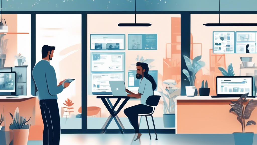 Illustration of a business owner standing in front of a split screen with two scenes. On the left, a busy office with developers working on computers, showcasing various eCommerce platforms and technical tools. On the right, a serene coffee shop setting where the business owner is meeting with a developer, discussing plans with a tablet showing website blueprints. The overall mood should convey the importance of choosing the right eCommerce developer for building a successful online store.