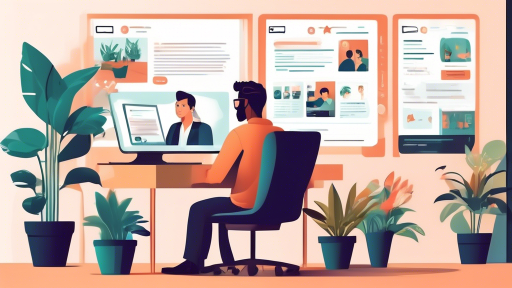 Create an illustration showing a business professional browsing through a selection of web developer profiles on a computer screen. There are elements like reviews, skill ratings, and portfolios visible. The background features a modern office setting with some potted plants and motivational posters on the walls. The scene should convey the process of carefully choosing the right candidate for a web development project.