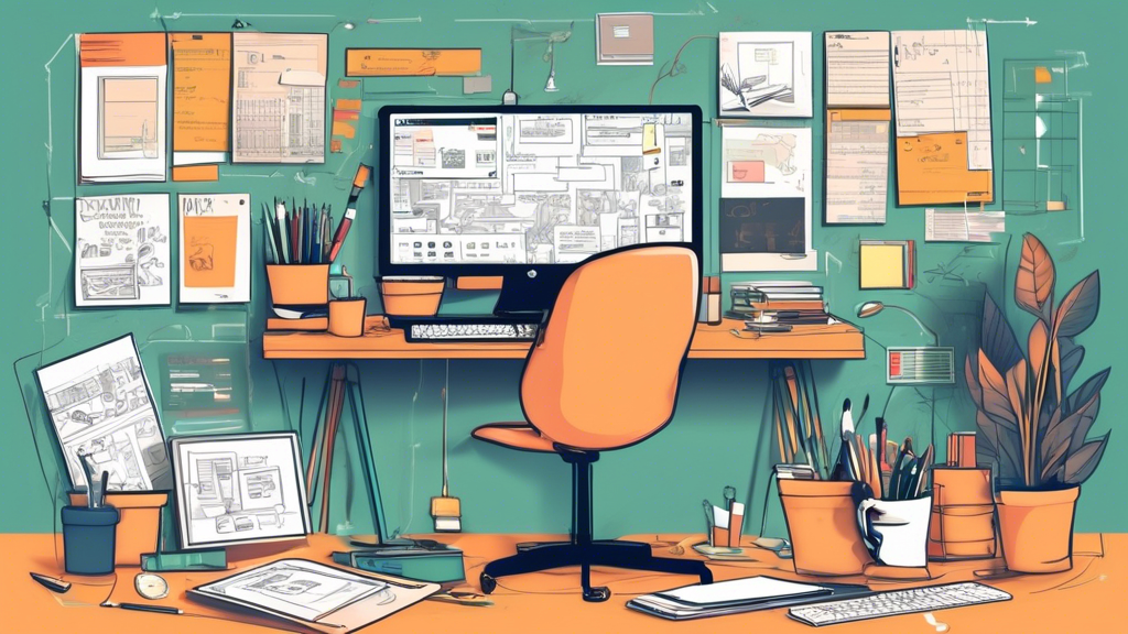 Create an illustration of a designer's workspace focused on creating a web page from scratch, featuring elements like a computer with code on the screen, wireframe sketches, color palettes, HTML and CSS books, and sticky notes with reminders and ideas placed around the desk. The background should show a creative and organized office environment with motivational posters on the wall.