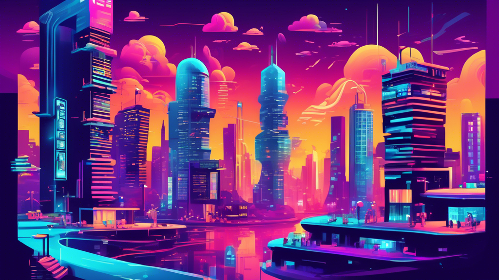 Create a digital illustration depicting the rise of Python in web development. Show a playful, futuristic cityscape where elements like tall skyscrapers and flying cars are themed around Python symbols and coding. Include developers at their desks with glowing computer screens, Python logos integrated into buildings, and vibrant colors to convey innovation and technological growth.