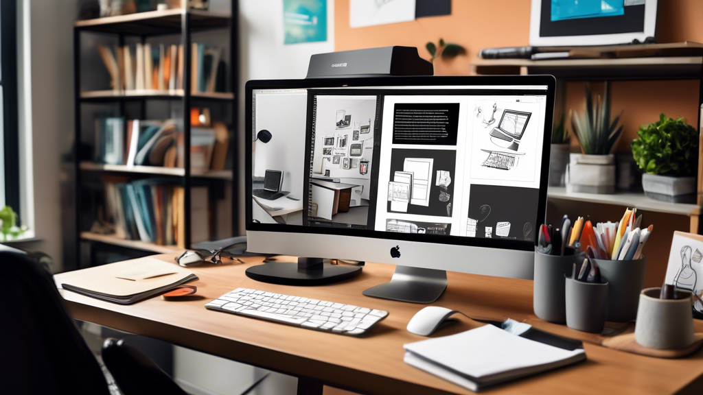 Create an image of a professional workspace where a skilled Squarespace developer is at work. The scene includes a sleek desk setup with dual monitors displaying a vibrant Squarespace website in progress, a coffee mug, notepads with sketches, and a tablet with design software open. In the background, there’s a bookshelf with programming and web design books, and a whiteboard with project timelines and goals. The atmosphere should be modern and focused, reflecting the expertise and creativity involved in web development.