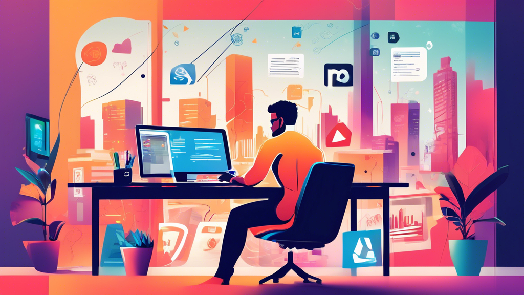 Create a professional and sleek illustration of a person sitting at a desk, browsing through a computer screen filled with various web design company logos and portfolios. The background should show a cityscape with location pins indicating top web design companies nearby. Include elements of design such as color palettes, wireframes, and coding symbols to emphasize the web design theme.