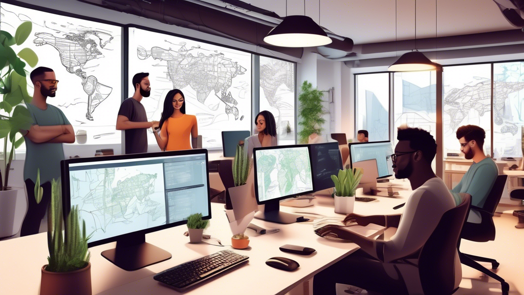 Create an image showing a diverse group of web developers collaborating in a modern, high-tech office environment. Each developer is working on a different aspect of a website, with visible code on computer screens, design sketches, and brainstorming notes. The office has a welcoming atmosphere with large windows, plants, and sleek furniture. In the background, a digital map highlights different pins marking locations, suggesting various top web development companies in the area. There's a sense of teamwork and innovation in the room.