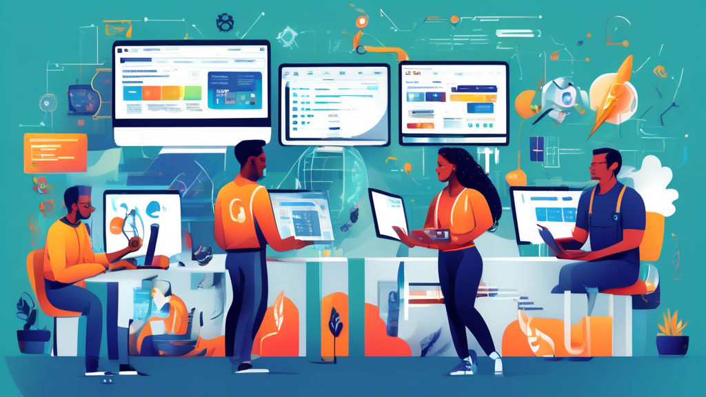 An illustration of a team of diverse web developers working together on a modern website. They are surrounded by various tools and technologies like computers, design tablets, and coding screens. The background features a timeline with different stages of website development, such as planning, design, coding, testing, and launch, each with associated costs. Money symbols and graphs are subtly integrated into the scene to represent the varying expenses associated with each stage.