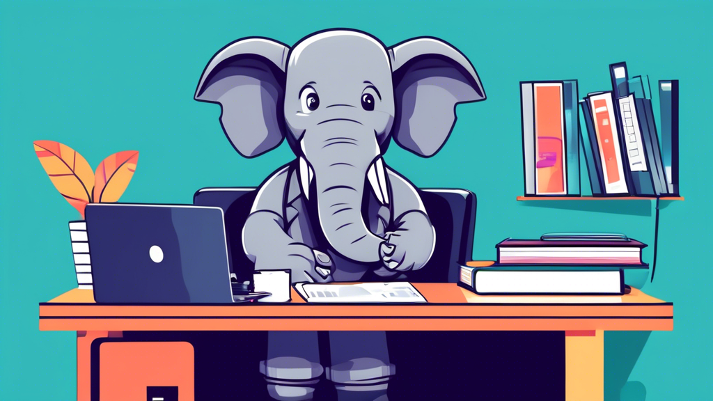 Create an image illustrating a beginner's guide to PHP web development, featuring a friendly mascot (like a cartoon elephant) guiding a new programmer. The scene should include a desk with a laptop displaying PHP code, a stack of neatly organized books labeled 'PHP Basics', 'Web Development', and 'HTML/CSS'. The background could showcase a colorful, modern office space with motivational posters and coding-related decorations on the walls.