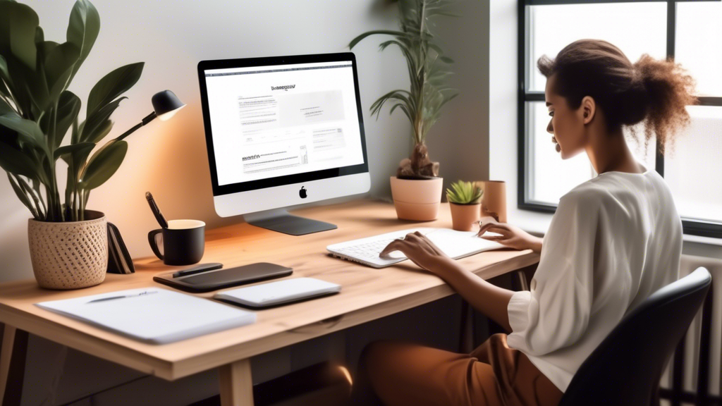 An inviting, minimalist office setup with a cozy atmosphere, featuring a small business owner working on web design at a sleek laptop. The desk is adorned with budget-friendly yet stylish tools like a notebook, smartphone, and a coffee mug. The computer screen displays a vibrant website in progress, showcasing clean lines, consistent branding, and user-friendly navigation. Background elements include motivational posters and a whiteboard with strategic design tips.