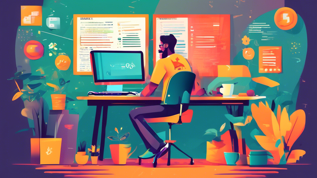 Create an illustration of a beginner web developer working on their first website, showing a computer screen with HTML, CSS, and JavaScript code snippets, design elements like buttons and images, and joyful expressions. Include a cozy home office setting with motivational posters and a coffee cup beside the keyboard.