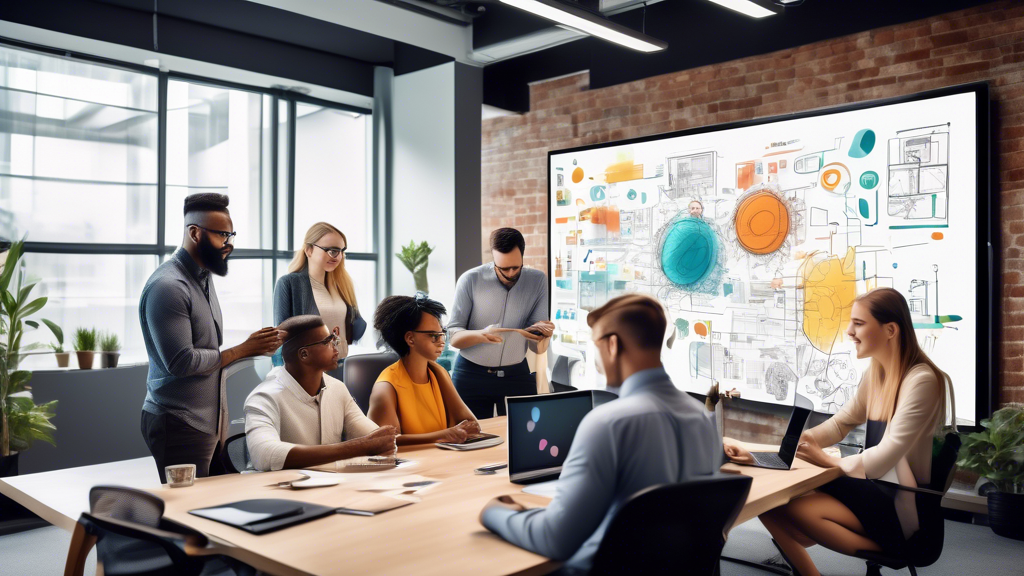 Create a highly detailed image of a diverse group of professionals in a modern office setting. They are collaborating and brainstorming ideas on a large digital whiteboard filled with website design mockups, color palettes, and charts. The background showcases a sleek, organized workspace with a mix of creativity and technology — including laptops, tablets, and VR headsets. Outside the office window, a vibrant cityscape gives a feeling of innovation and business growth. The overall mood should be professional yet dynamic, illustrating the process of selecting the perfect web development agency for a business.