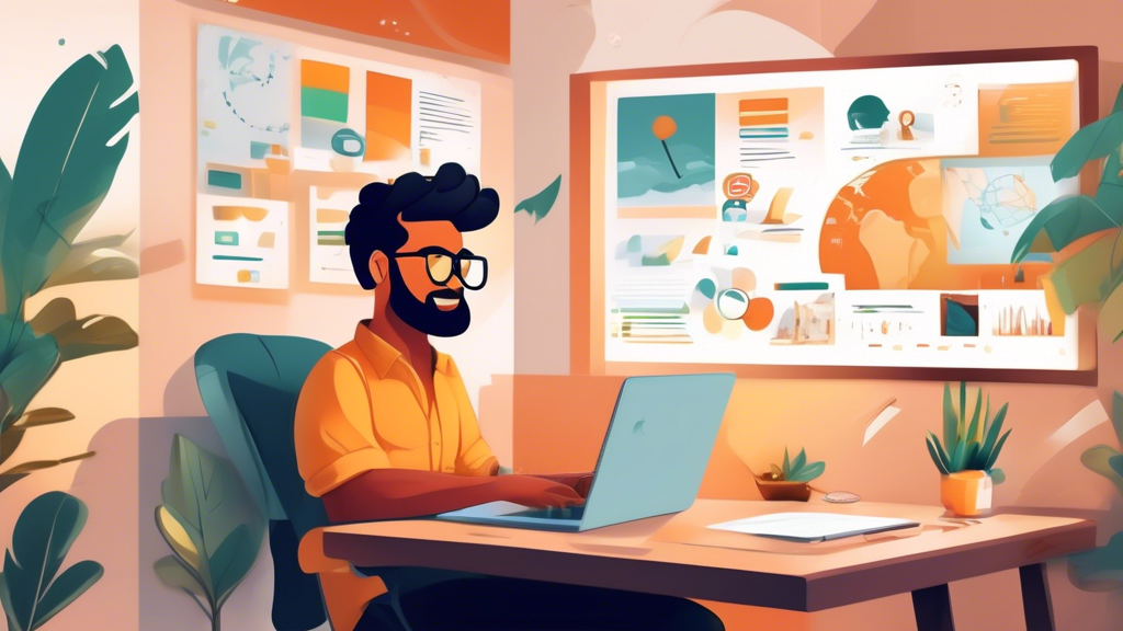 Create an image that showcases a web developer working remotely on a laptop, surrounded by project planning boards, code snippets, and client chat windows. The background should include elements of a comfortable home office with cozy decor, and a globe to symbolize global opportunities. The overall mood should be optimistic and inspiring, capturing the essence of finding new opportunities on Upwork's freelance platform.