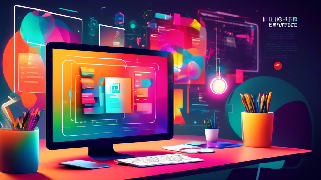 Create an image of a sleek, modern workspace featuring a laptop displaying a vibrant website design interface, with design tools like color palettes, wireframes, and coding elements around it. Include a designer wearing glasses, working intensely, with a bright idea lightbulb above their head. The background should be minimalist with elements representing creativity and technology, such as abstract shapes and digital icons.