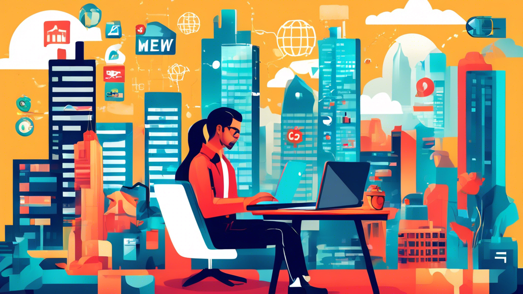 Create an illustration showing a professional person working on a laptop, surrounded by icons representing web development, such as HTML, CSS, JavaScript, and a location pin highlighting 'Near Me.' The background features a cityscape with buildings labeled as various web development agencies. The scene should convey a search for the best local web development agency.