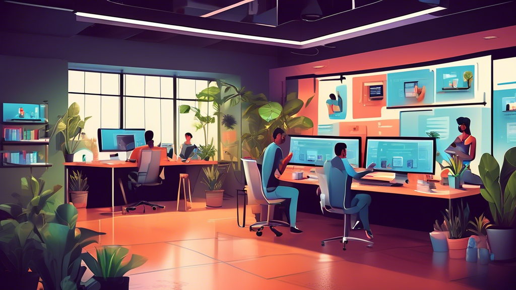 Create an image of a professional and modern web development company office, showing a team of diverse developers working collaboratively on various digital devices. The background should include large screens displaying sleek website designs and coding scripts. Add elements like potted plants, branded merchandise, and a sign that reads 'Top Web Development Company.' The setting should evoke an innovative and dynamic atmosphere.