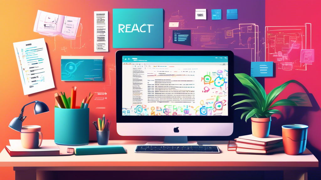 Create an image of a modern web development workspace showing a computer screen displaying React code, surrounded by coding books and notes. The room should have a sleek, tech-savvy vibe with elements like a cup of coffee, potted plant, and a whiteboard with React-related diagrams and the React logo prominently displayed.