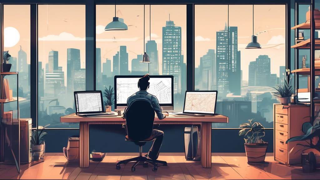 A professional WordPress developer working on a modern website in a stylish office setting, with a cityscape visible through large windows. The developer is surrounded by coding screens, design sketches, and a cup of coffee on the desk. In the background, a sign reads 'Reliable WordPress Developer Near You' with a pin on a map highlighting a local area.