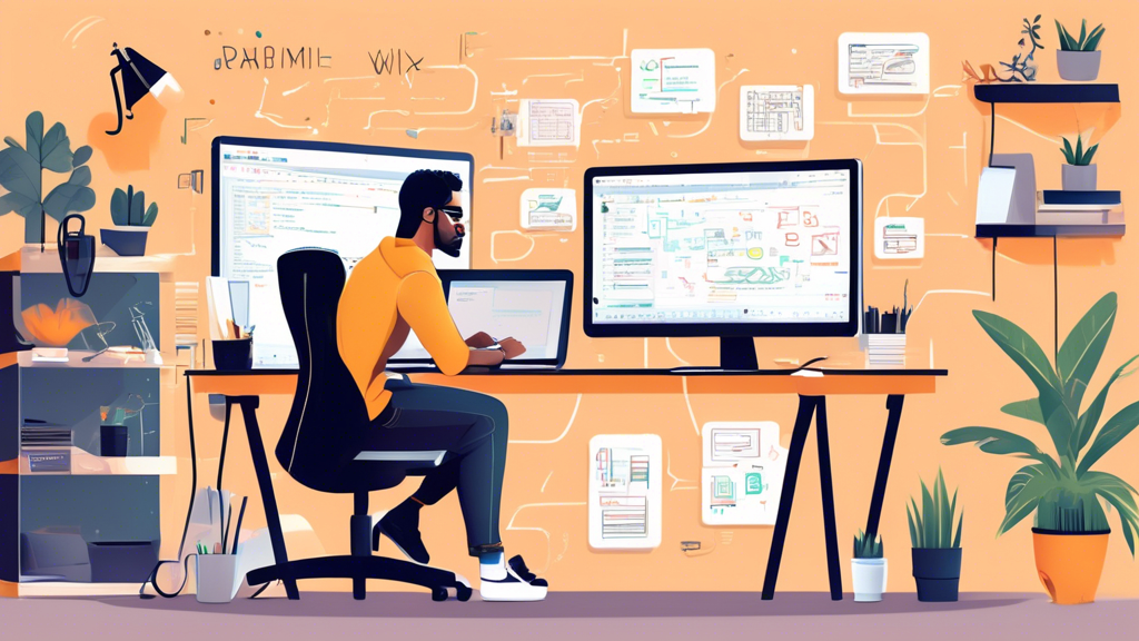 Create an illustration of a successful Wix developer at work, surrounded by sleek design tools and code snippets on dual monitors. The background showcases a modern workspace with inspirational decor, books on web development, and a corkboard filled with notes and project ideas. The developer is confidently interacting with the Wix interface on one screen and writing code on the other, highlighting the harmony between creativity and technical skills.