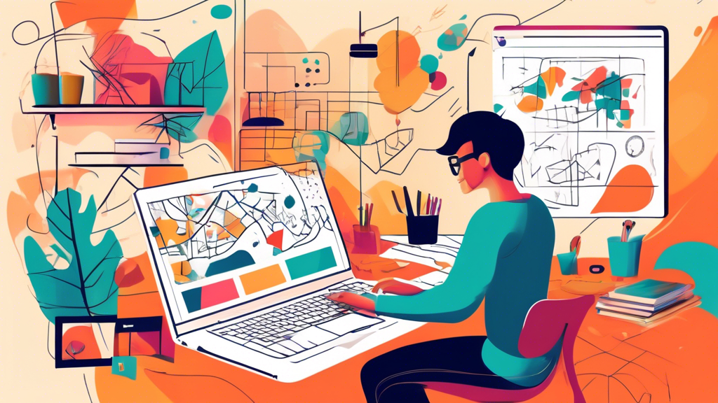 Create an illustration of a person using a laptop in a cozy home office, surrounded by colorful design tools and sketches. On the laptop screen, show a webpage titled Local Web Designers Near Me with a map and location pins. Include some artistic, modern web design elements in the background, like abstract shapes or website wireframes.