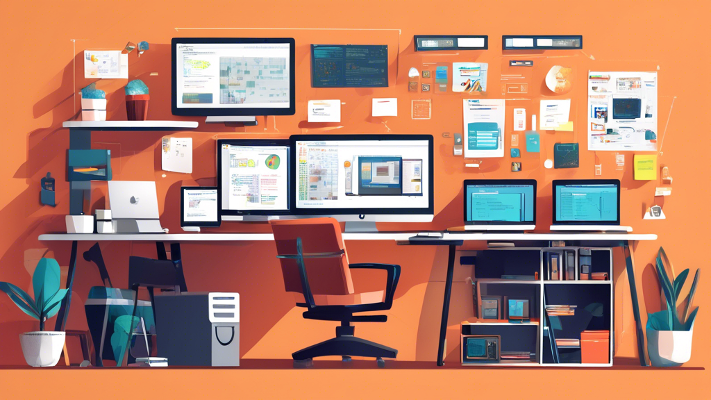 Create a detailed digital illustration of a web developer's workspace, featuring a high-end computer with multiple monitors displaying code, design software, and a preview of a modern, responsive website. The scene should include design tools, books related to web development, a coffee cup, sticky notes, and inspirational posters about coding and creativity on the walls. Show a sense of organization with vibrant elements that convey creativity and technical expertise.