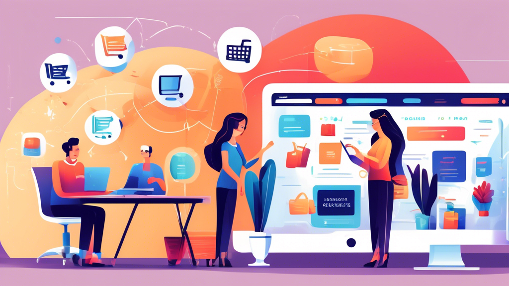 Create a detailed illustration of a modern e-commerce development team collaborating with a small business owner. Include elements such as website design on a computer screen, analytics charts, and shopping cart icons. The scene should depict a productive and positive atmosphere, highlighting benefits like innovative solutions, increased sales, and improved user experience.