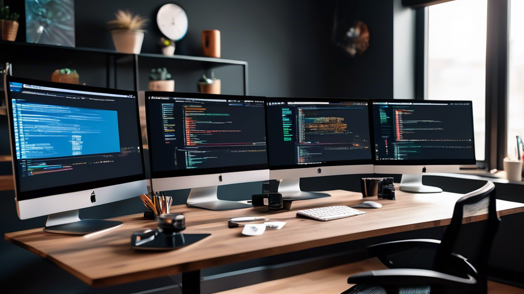 Create a high-resolution image of a modern digital workspace featuring multiple web development tools displayed on large monitors. The scene should include popular software icons like Visual Studio Code, GitHub, and Figma, alongside coding elements like HTML, CSS, and JavaScript snippets. The setup is designed for efficiency, with a sleek, minimalist desk, an ergonomic chair, and ambient lighting to convey a productive and streamlined workflow.