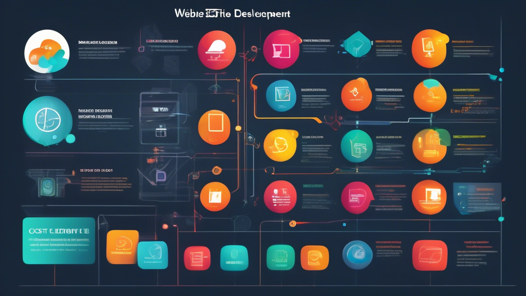 Create a detailed infographic that illustrates the various factors affecting the cost of website and app development. Include elements such as design complexity, platform choice, integration of features, development time, and team size. Use icons to represent each factor and employ a professional, modern aesthetic with a tech-focused color palette.