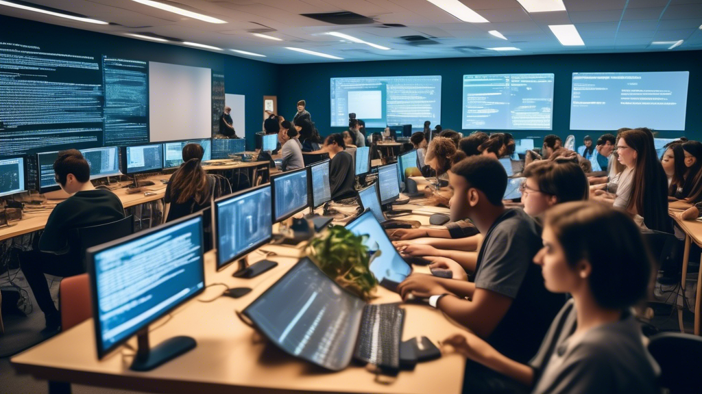 A bright, modern classroom filled with individuals of diverse backgrounds eagerly working on computers. The large digital screen at the front displays 'Codecademy Web Development Courses.' Students’ monitors show code snippets and various stages of web development projects. On the walls are posters that read 'Future Tech Leaders' and 'Empower Your Coding Journey.' The atmosphere is vibrant with collaboration and innovation.