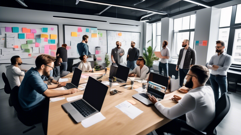 Create an image of a diverse team of web developers and project managers meeting in a modern office space. The scene should include laptops, whiteboards with diagrams, and sticky notes. The team is actively discussing various aspects of web app development, such as design, coding, and user experience. The environment should feel collaborative and professional, reflecting the process of selecting the right web app development agency for a project.