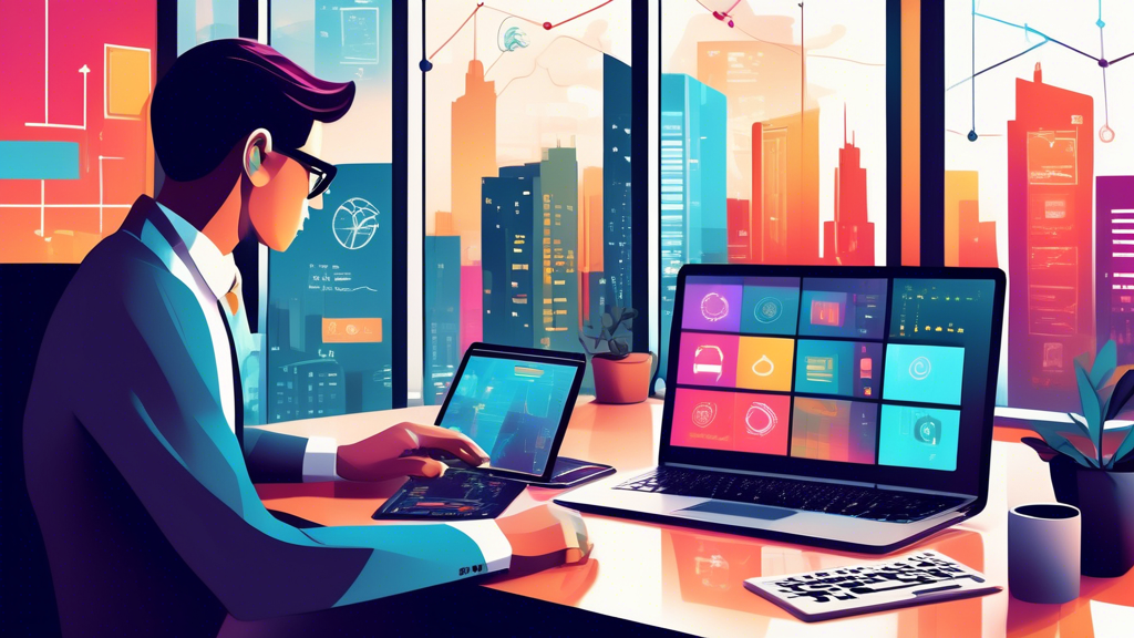 Create an image depicting a business professional contemplating different elements representing web and app development, such as a laptop screen with code, a smartphone with an app interface, icons of developer tools, and strategic planning charts. The background showcases a modern office setting with a subtle cityscape through the window, emphasizing the importance of selecting the right development company.