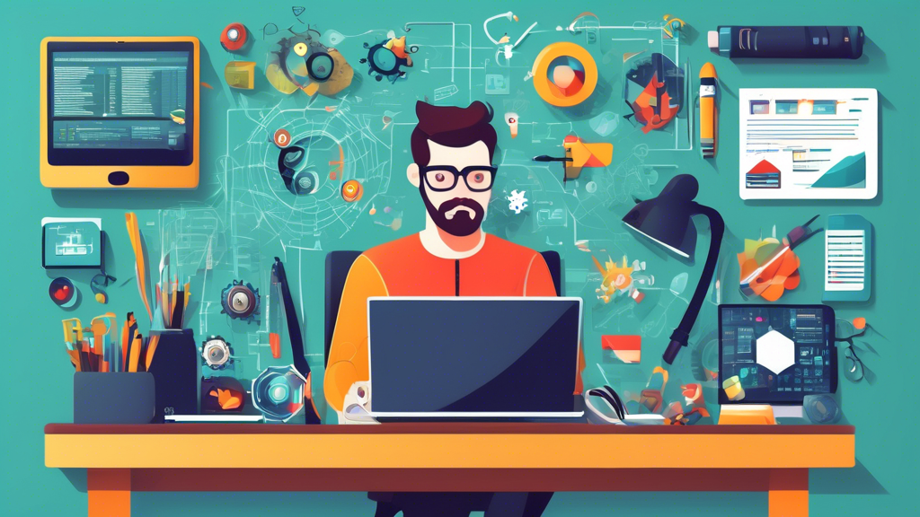 Create a detailed illustration of a web page developer at work, surrounded by essential tools and skills in a well-organized workspace. Include items such as HTML, CSS, JavaScript symbols, a computer screen displaying code, graphic design elements like color wheels and typography, and icons representing responsive design, SEO, version control (e.g., Git), and debugging tools. The background should reflect a modern, creative office environment.