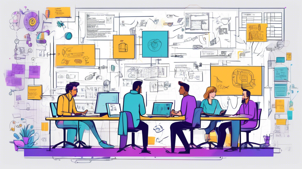 Create an image depicting a team of web developers collaborating on a sophisticated-looking web portal design. They're surrounded by high-tech computers, sketches, code on screens, and sticky notes with ideas. The background shows a whiteboard with various planning elements like user journeys, project timelines, and technological tools. The atmosphere should be vibrant and productivity-focused, emphasizing essential steps such as planning, design, coding, testing, and deployment.