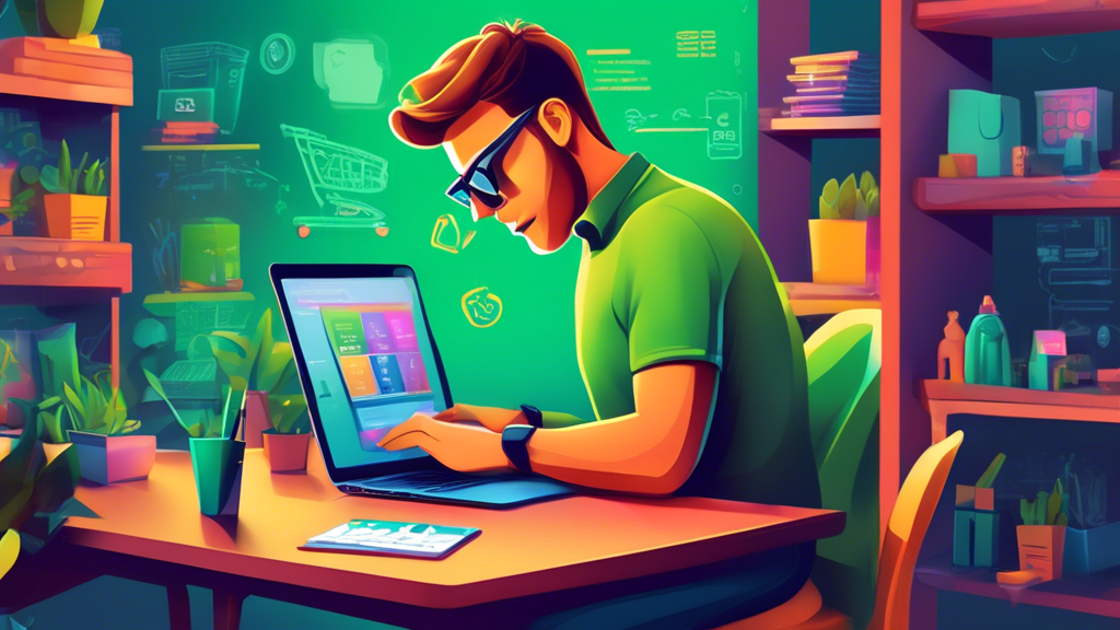 Create a detailed digital illustration of a professional looking through Upwork on their laptop, with a focus on finding a top-rated Shopify developer. The scene should include a modern workspace with elements of e-commerce, like shopping carts, product images, and coding symbols, to emphasize the online store aspect.