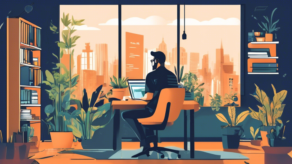 Create an illustration depicting a person sitting at a desk in a home office, using a laptop with search engine results for 'freelance web developer near me' on the screen. The background includes bookshelves, plants, and a window showing a modern cityscape. Add elements like a coffee cup, notepads, and tech gadgets around to highlight a productive workspace ambiance.