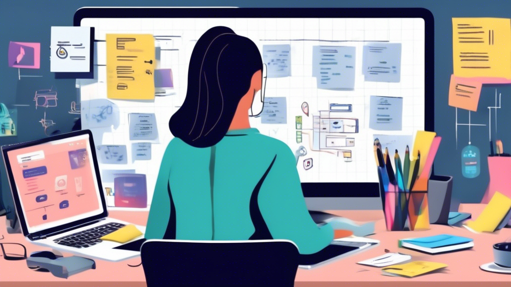 Create an image of a person sitting at a desk, surrounded by web design tools, coding books, and a laptop displaying a step-by-step guide. The website on the laptop screen should transition through various stages of development, showing elements like shopping carts, product listings, and secure payment options. The background should include post-it notes, sketches, and flowcharts to emphasize the planning process.