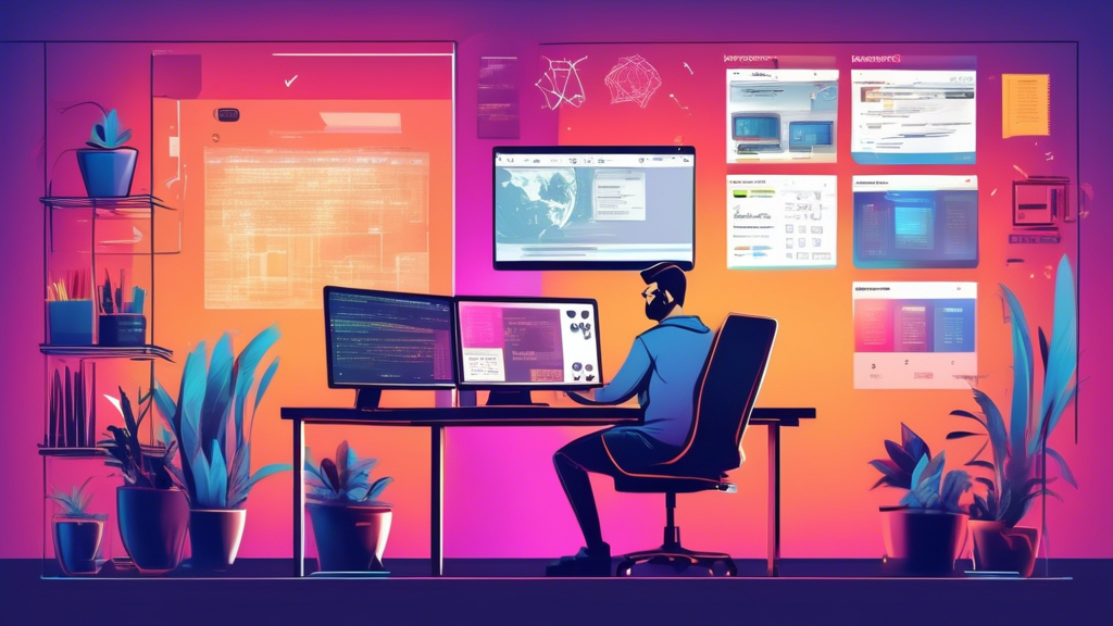 A dynamic digital workspace scene featuring a web developer designing and coding a custom website from scratch. The setting includes a modern office with multiple monitors displaying HTML, CSS, and JavaScript code, a color palette, and wireframe sketches. The desktop has an open laptop with web development tools, coffee cup, and sticky notes. The background features inspirational quotes on creativity and innovation. The atmosphere is focused, creative, and high-tech.