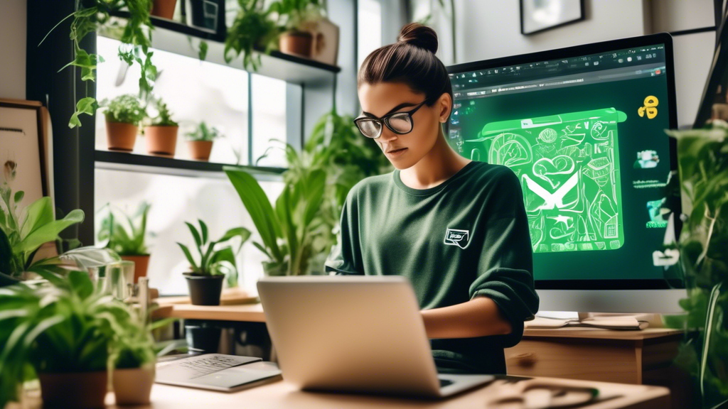 A vibrant digital workspace featuring a web developer coding on a sleek laptop with Shopify's logo on the screen. Surrounding the developer are various tools and icons representing web development, including HTML, CSS, JavaScript, and various ecommerce elements like shopping carts, product images, and secure payment symbols. The background is modern and tech-savvy, with a lot of natural light and green plants to suggest a productive environment.