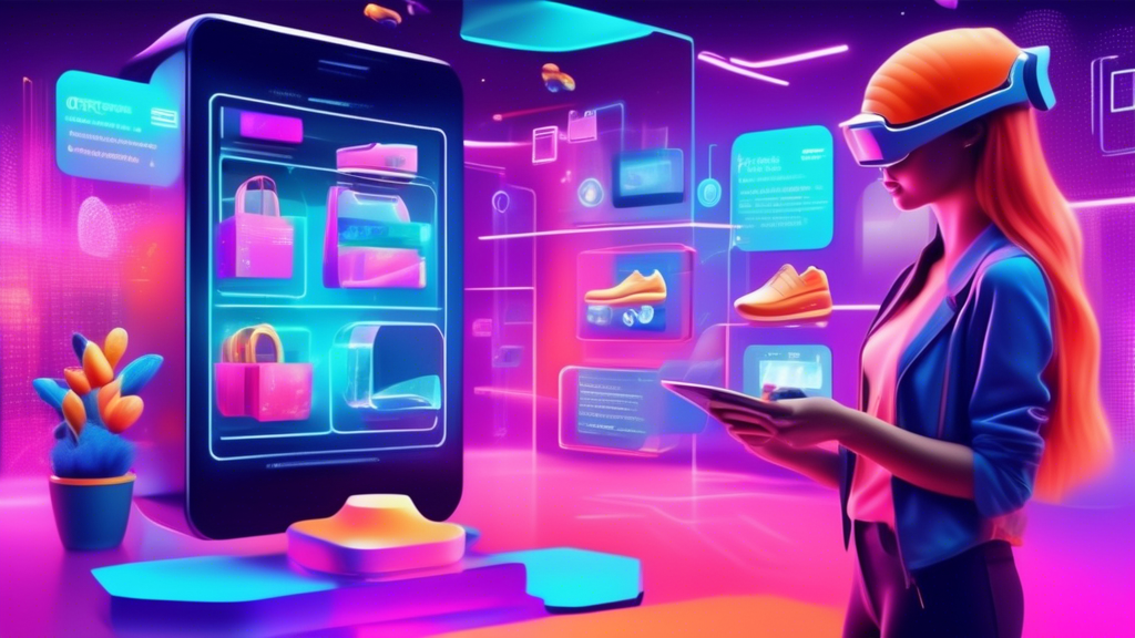 Generate an image of a futuristic e-commerce platform, showcasing advanced technologies like augmented reality (AR) shopping experiences, AI-driven personalized recommendations, automated drone deliveries, and blockchain security. Include elements like holographic product displays, virtual customer service avatars, and a sleek, modern user interface in a vibrant, tech-savvy environment.