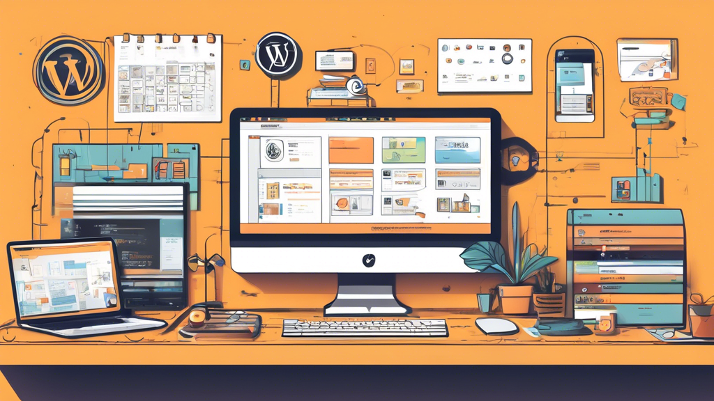 Create a detailed, visually engaging illustration of a WordPress developer workspace. The scene includes a desktop computer displaying a WordPress dashboard, coding tools, and various development icons such as HTML/CSS, plug-ins, and SEO optimization symbols. Surround the workspace with sticky notes that say 'Plan', 'Design', 'Code', 'Test', 'Launch', and 'Maintain.' Add elements like a cup of coffee, reference books, and a modern office background to enhance the productivity vibe.