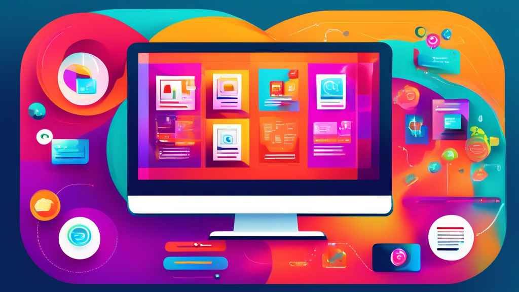 Create an illustration showing a modern, sleek computer screen displaying a vibrant website design app interface. Highlight key features such as drag-and-drop functionality, customizable templates, responsive design tools, integrated SEO options, e-commerce capabilities, and real-time collaboration. Surround the screen with icons representing these features to emphasize their importance.