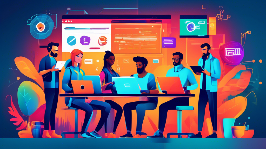 Create a vibrant and modern digital illustration featuring a diverse team of web developers working collaboratively on various devices, such as laptops and tablets. Include visual elements representing website design, coding, and various web development tools. In the background, subtly incorporate the logos or names of some top web development companies to suggest prominence and recognition in the industry.