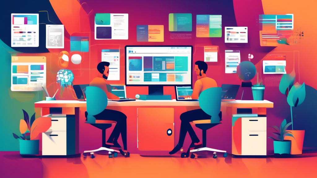 Create an image of a modern office setting with diverse web developers collaborating on a project, surrounded by computers displaying various website designs. Include elements such as a checklist, ranking charts, and a 'Top Tips' board to illustrate the process of selecting the best website development agency.