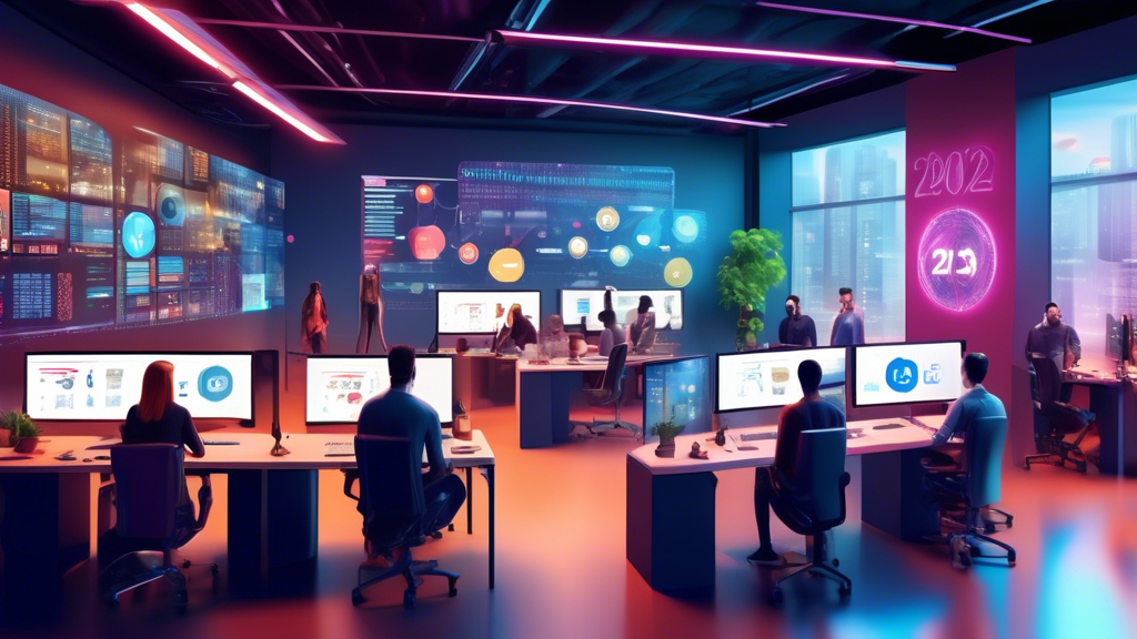 An energetic and modern office environment showcasing the top web app development companies of 2023. Diverse teams of developers and designers are collaborating on futuristic projects using advanced technology and sleek laptops. The background includes company logos, digital screens displaying intricate web designs, and a large calendar marked '2023.' The atmosphere is vibrant and innovative, reflecting the cutting-edge trends and dynamic nature of web app development.