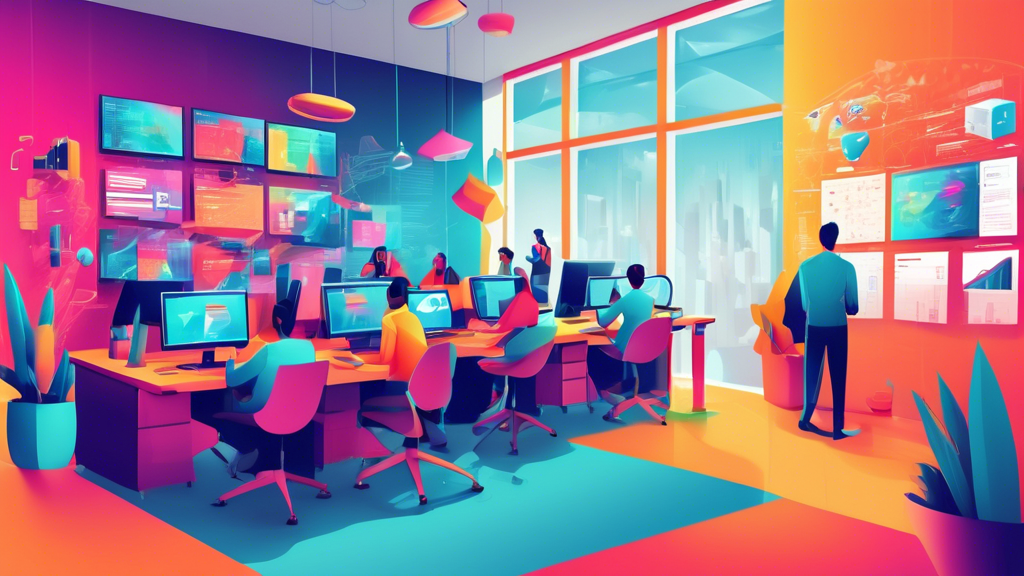 Create an image of a dynamic and modern office space with developers working on cutting-edge web technologies. Include diverse teams collaborating over computers, large screens displaying coding languages, and a wall with ‘Top Web Development Companies to Watch in 2023’ written on it. The atmosphere should be energetic and innovative.