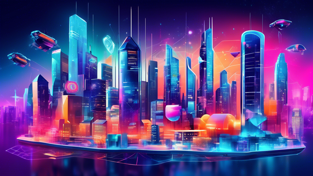 Create an image that showcases a futuristic cityscape with cutting-edge technology. Depict various web and mobile app development companies as modern high-rise buildings with logos or icons representing innovation and progress. Include elements like holograms, drones, and people using advanced mobile devices, all symbolizing the thriving tech industry in 2023.