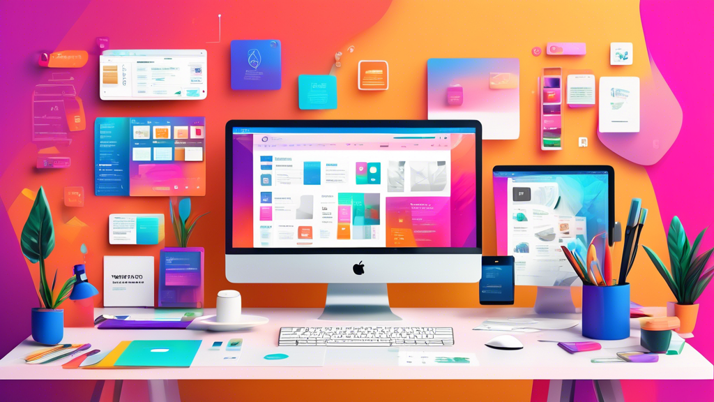 A vibrant digital illustration of a modern workspace with a sleek computer screen displaying a user-friendly website builder interface. The scene includes various design elements like colorful templates, drag-and-drop features, and customizable tools. Around the workspace, add icons or widgets representing top website making softwares, such as Wix, WordPress, and Squarespace, highlighting their unique features. The background should convey a creative and dynamic atmosphere, with hues of blue and white, symbolizing the digital world and innovation.