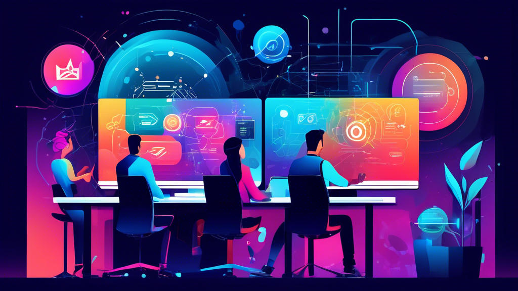 Create an illustration showing a sleek, modern digital workspace where a team of developers works collaboratively on large screens displaying WordPress dashboards and code. Background elements should include the logos of top WordPress development companies, futuristic tech elements, and an abstract representation of an expanding online presence with interconnected websites and glowing network paths.