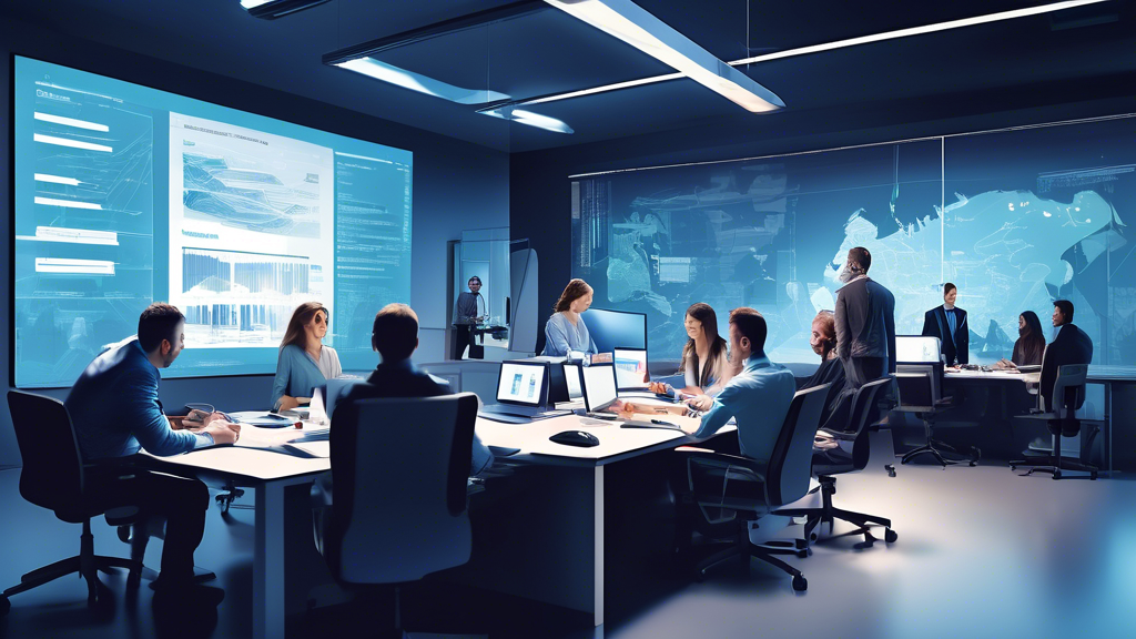 Create an image that depicts a busy office environment where a team of professionals is successfully collaborating on outsourcing website development. In the foreground, show a group of people in a modern conference room discussing web design blueprints and project plans via a large video conference screen with an external team. The background can include various workstations with employees working on coding, graphic design, and digital marketing. Include visual elements such as charts, graphs, and code snippets to signify progress and productivity. The atmosphere should be dynamic and optimistic, reflecting the business's successful partnership with the outsourced team.