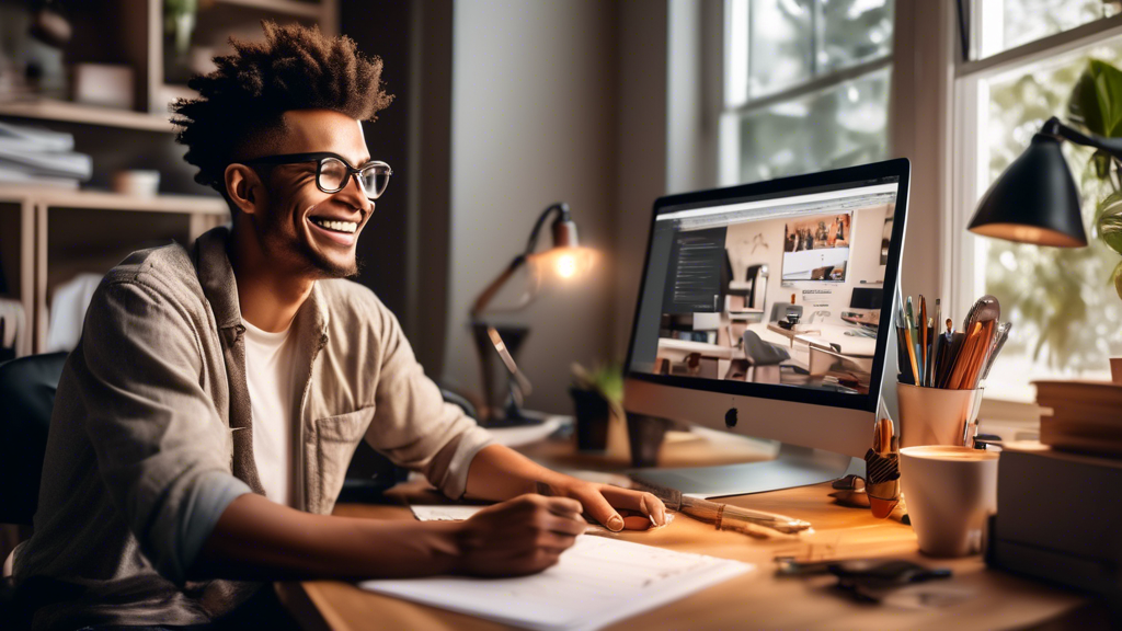 Create an image of a friendly web designer sitting in a cozy, well-lit home office, working on a sleek, modern website design on a computer, surrounded by inspirational posters and design tools. The scene should convey affordability, creativity, and professionalism, with elements like a visible coffee cup, a smiling small business owner reviewing the design, and a 'budget-friendly' tag subtly included in the artwork.